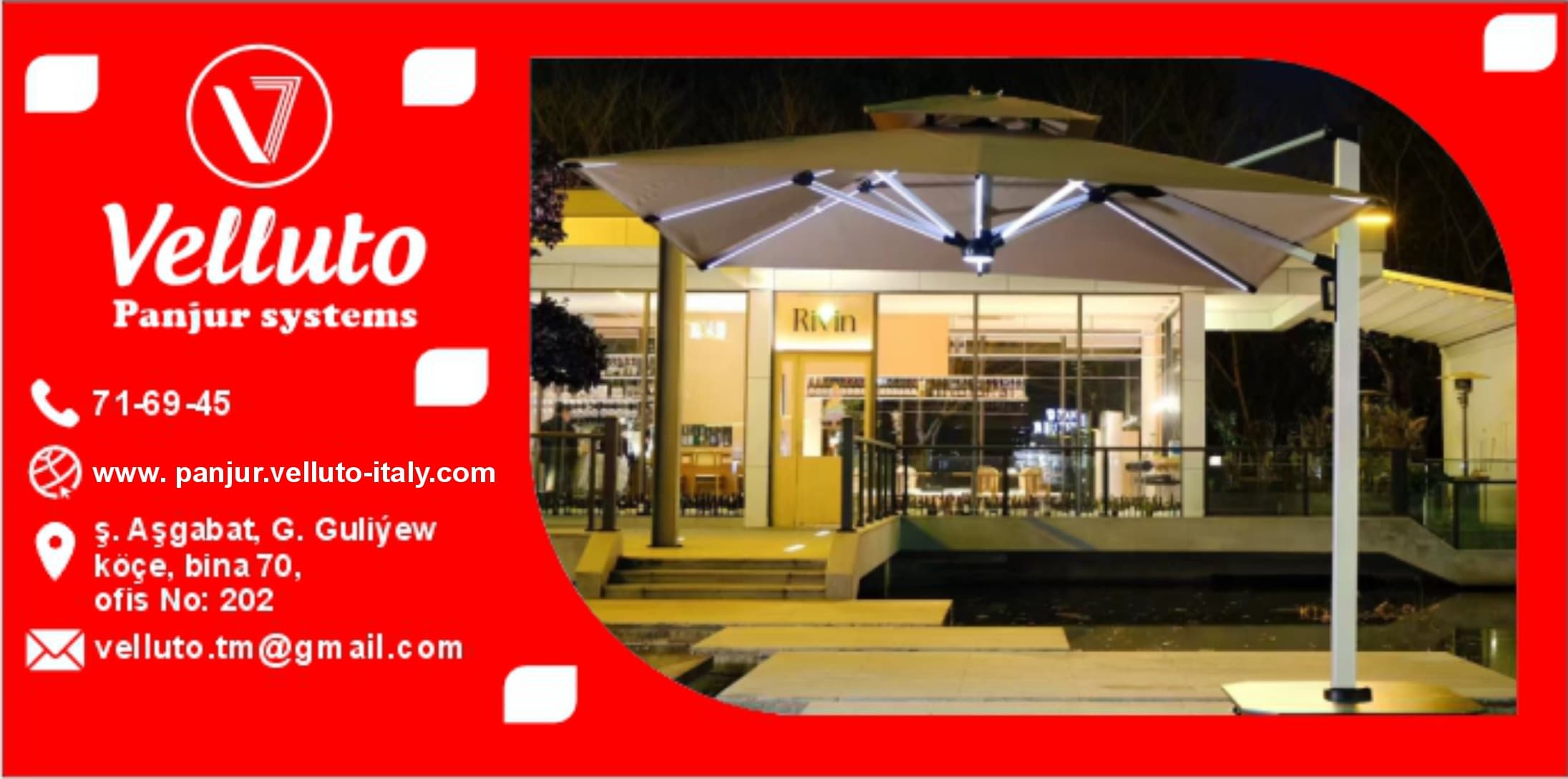 Folding umbrella with LED light — product by Velluto Panjur Systems