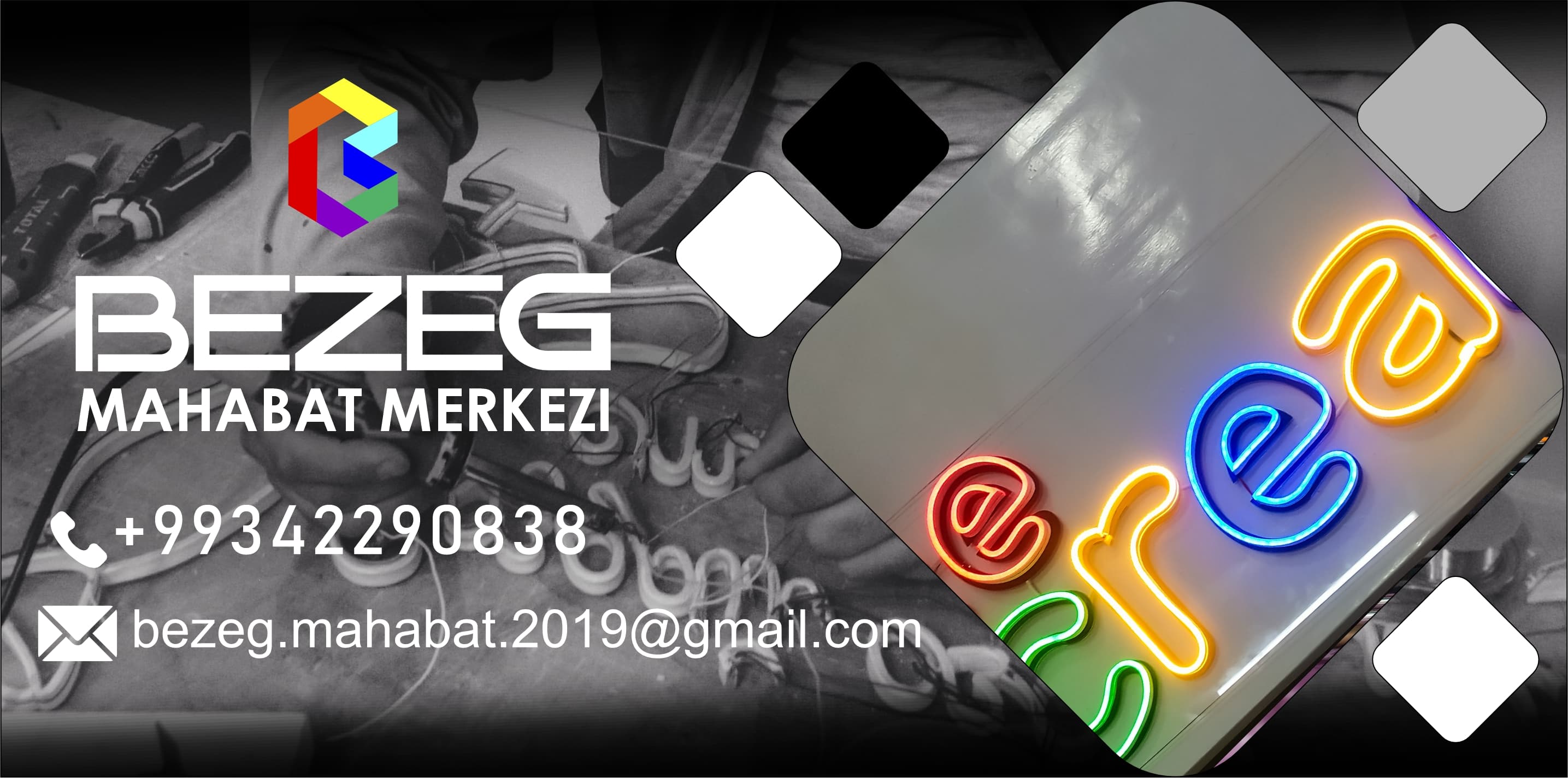 Ähli reňkleriň neon alamatlary — Bezeg Mahabat Merkezi önümi
