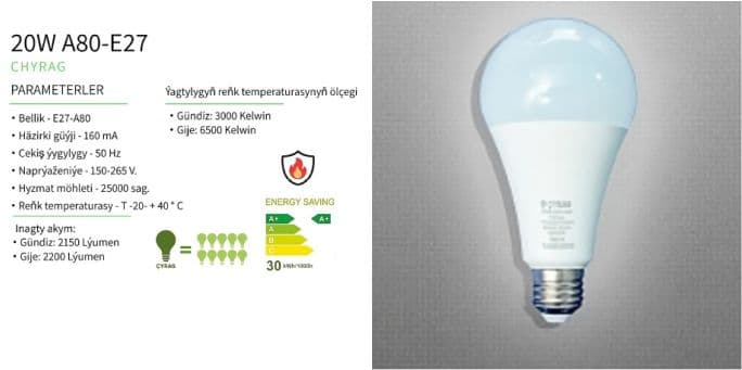 Lampa 20W A80-E27 — önüm suraty