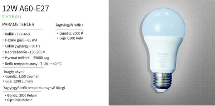 Lampa 12W A60-E27 — önüm suraty